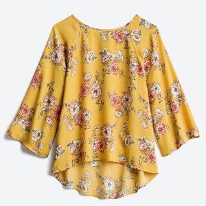 Yellow Floral Bell Sleeve Blouse - Small Petite